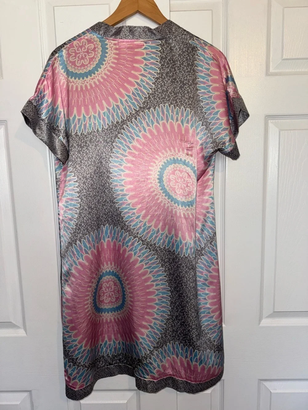 Rainy Night Flower Silk Blend Tunic Dress Boho Print Pink Blue Size L
